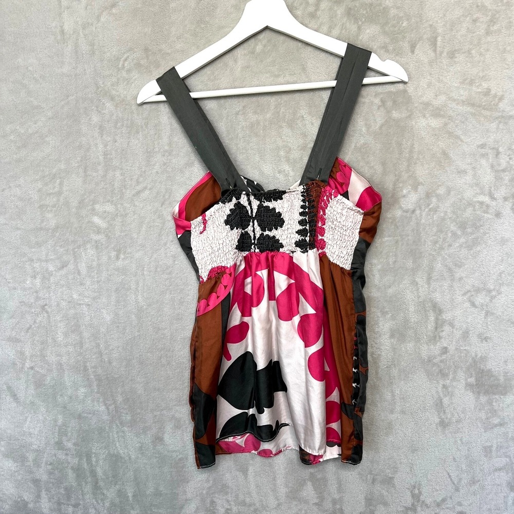 Vintage Y2K XS Hype Silk Babydoll Tunic‎ Smocked Back Abstract Print Pockets - Picture 2 of 10